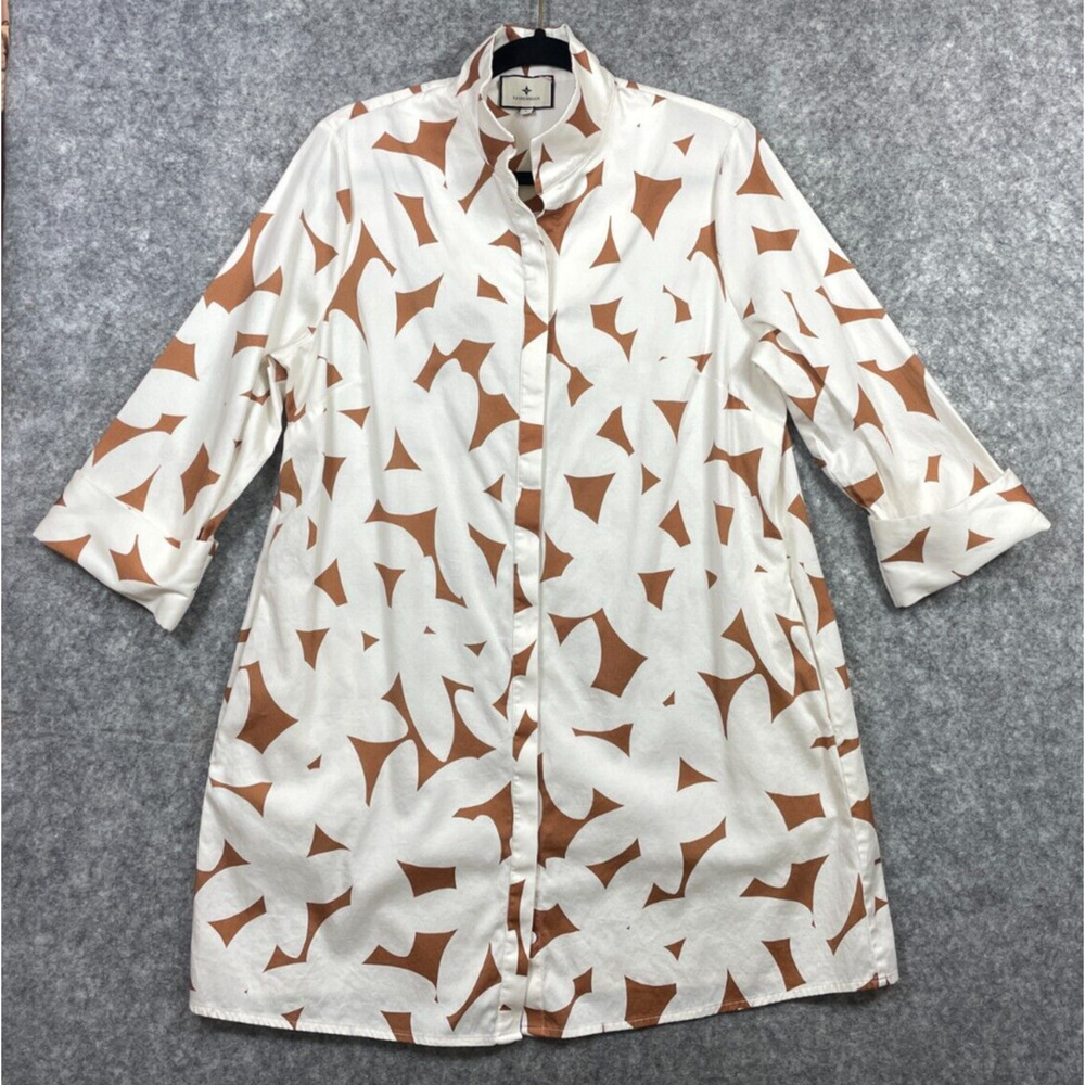 Tuckernuck Honey Petal Charlie Dress Womens L White Tan 3/4 Sleeves Pockets.